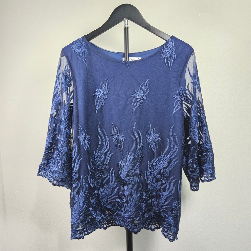 Ana & Rose Embroidered Blouse Womens M Navy Blue Floral Mesh Lace Romantic